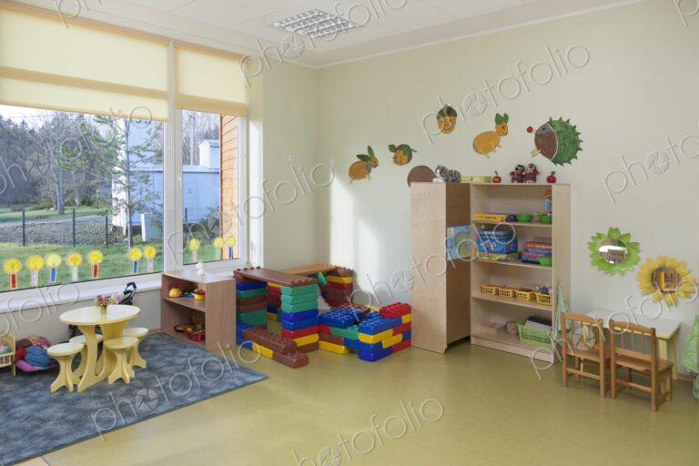 Modern children's day care or pre-school building, open indoors play area