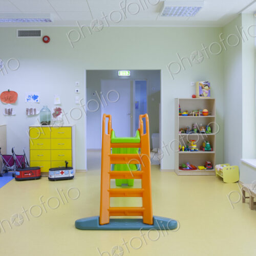 Modern children's day care or pre-school building, open indoors play area Modern children's day care or pre-school building, open indoors play area