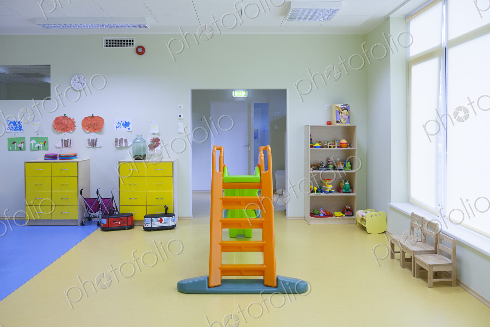 Modern children’s day care or pre-school building, open indoors play area