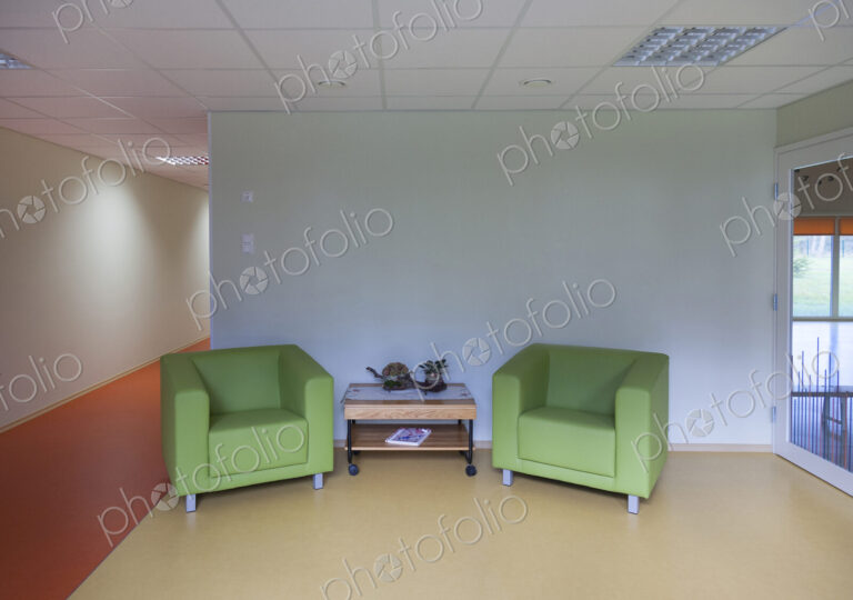 Modern day care nursery kindergarten school, spacious interiors, hallway with two…