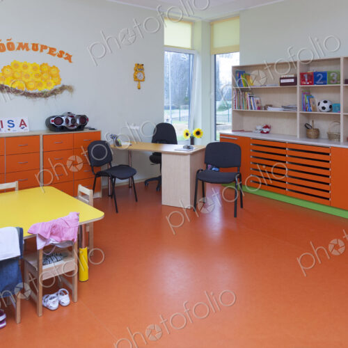 Modern day care nursery or kindergarten school, spacious interiors, lockers and storage