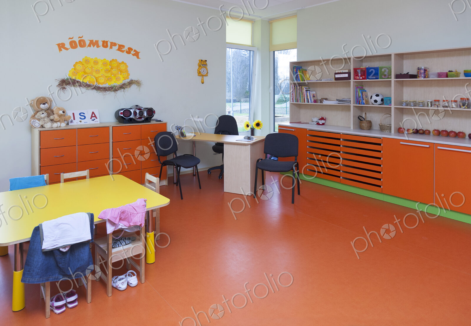 Modern day care nursery or kindergarten school, spacious interiors, lockers and storage