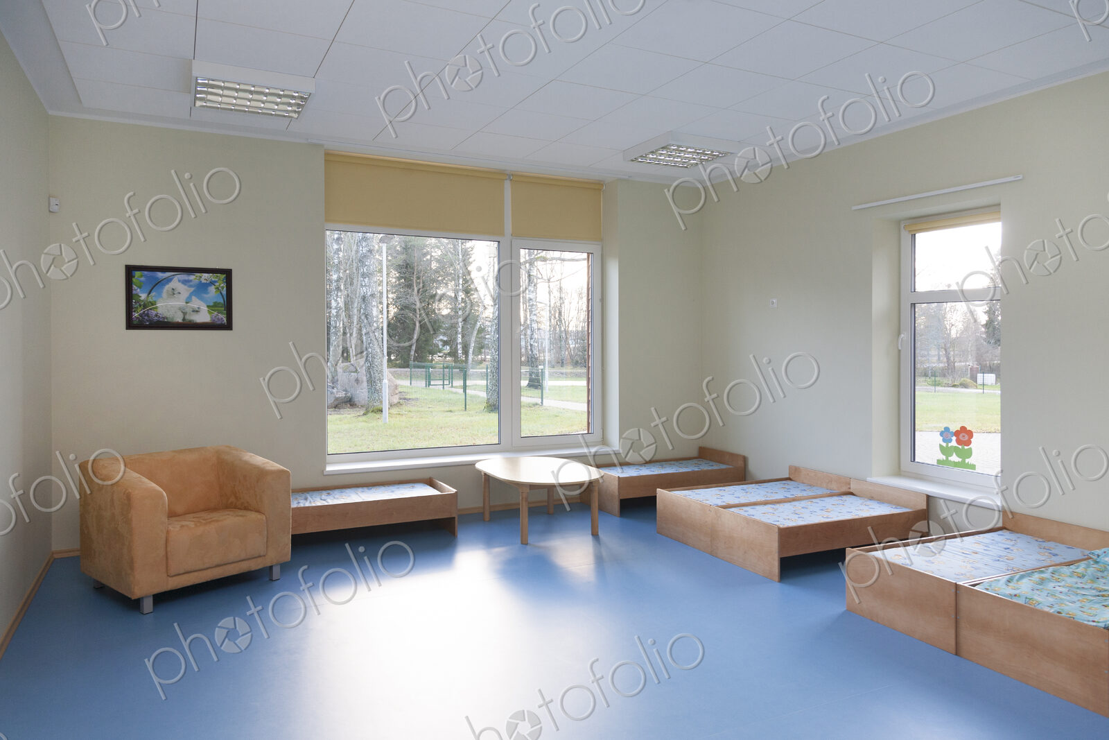 Modern day care nursery or pre-school kindergarten school, bedrooms for nap time