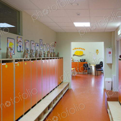 Modern day care nursery or pre-school, spacious interiors, lockers and storage