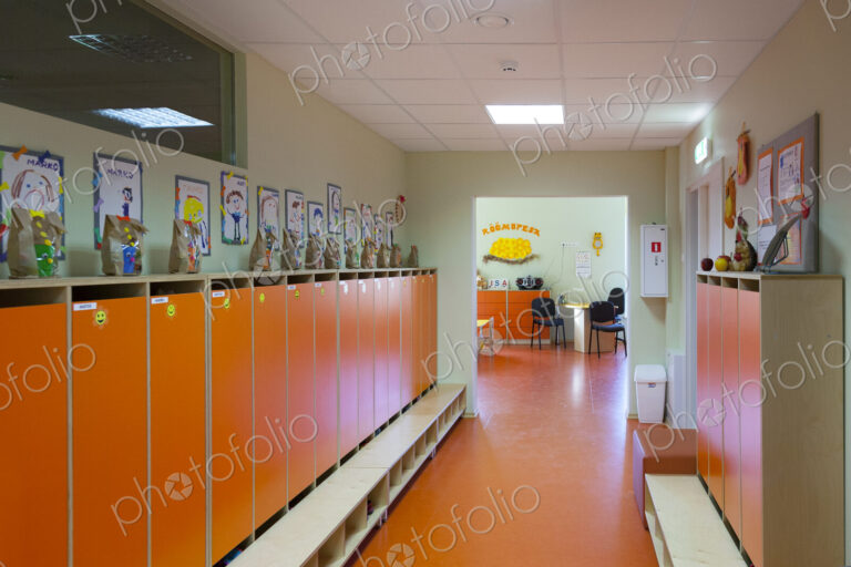 Modern day care nursery or pre-school, spacious interiors, lockers and storage