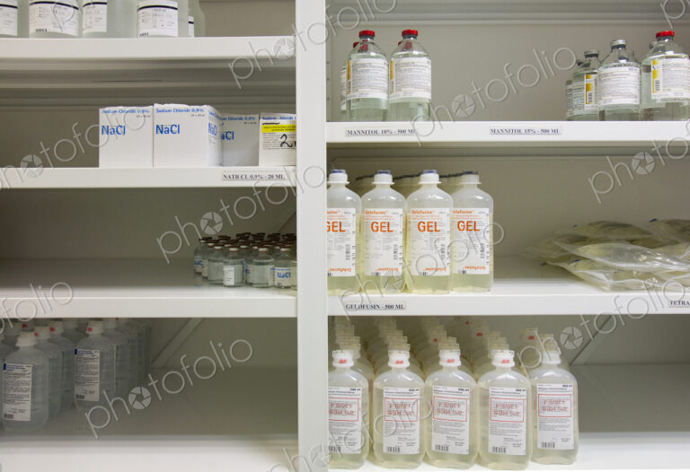 Modern hospital storage facilities, shelves of products for treatment and hospital…