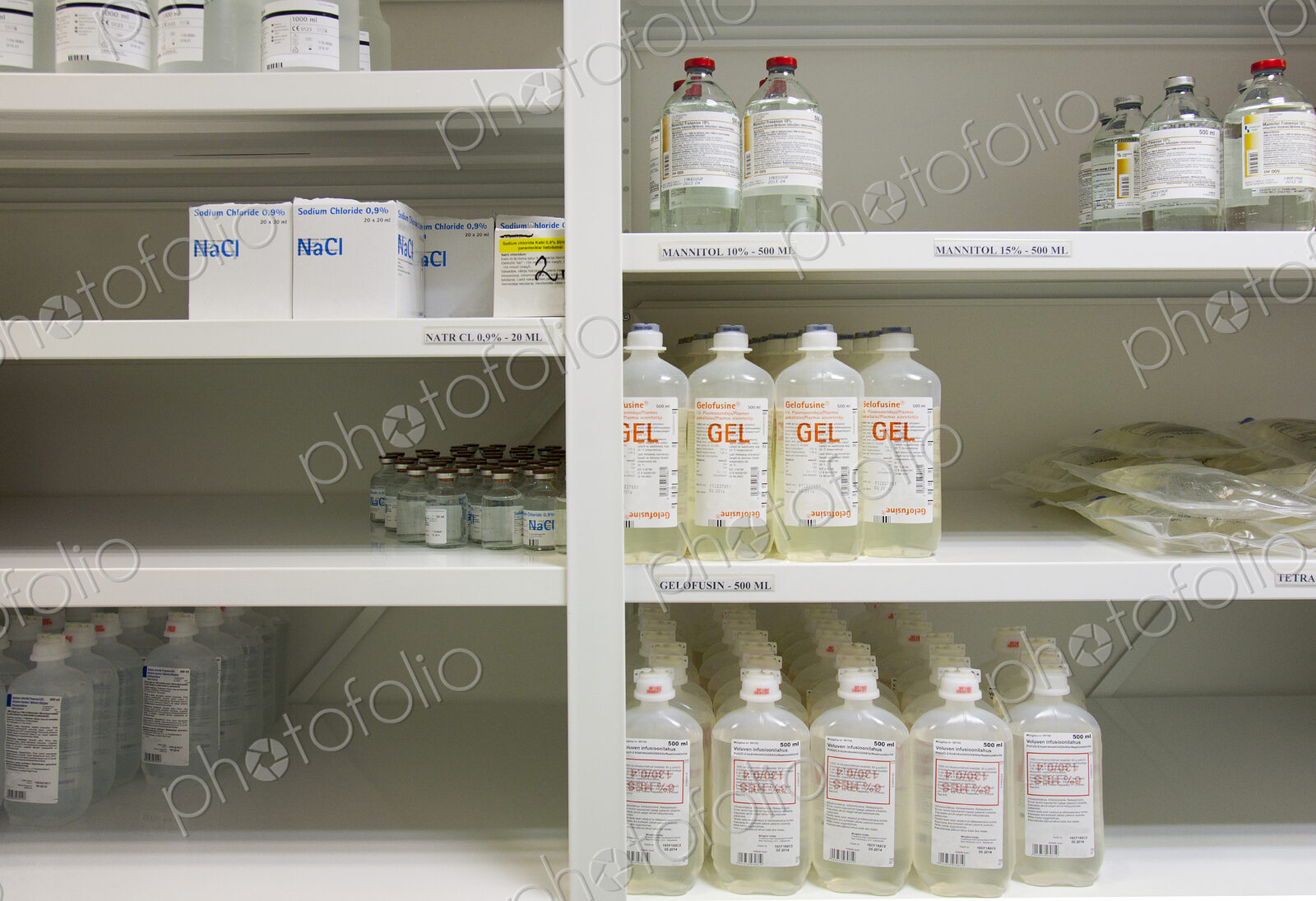 Modern hospital storage facilities, shelves of products for treatment and hospital…