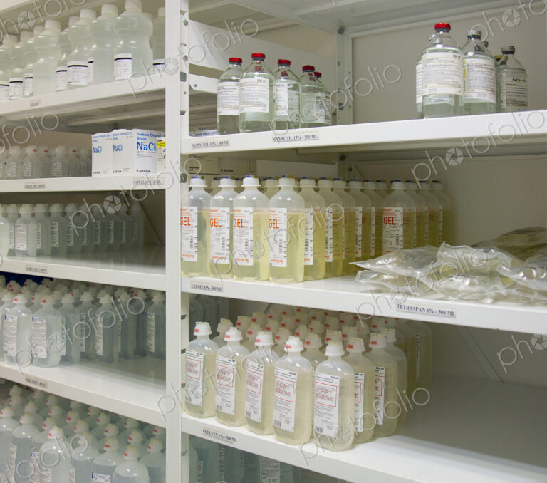 Modern hospital storage facilities, shelves of products for treatment and hospital…