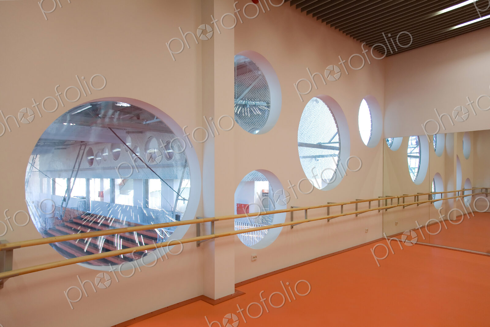 Modern university buildings, architecture and interior, studio with dance barr.