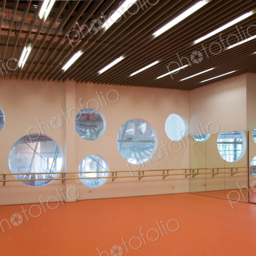 Modern university buildings, architecture and interior, studio with dance barre. Modern university buildings, architecture and interior, studio with dance barre.