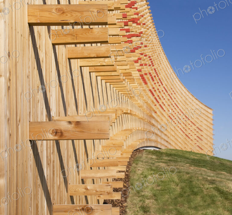 Modern university buildings, close up of curved walls and beams