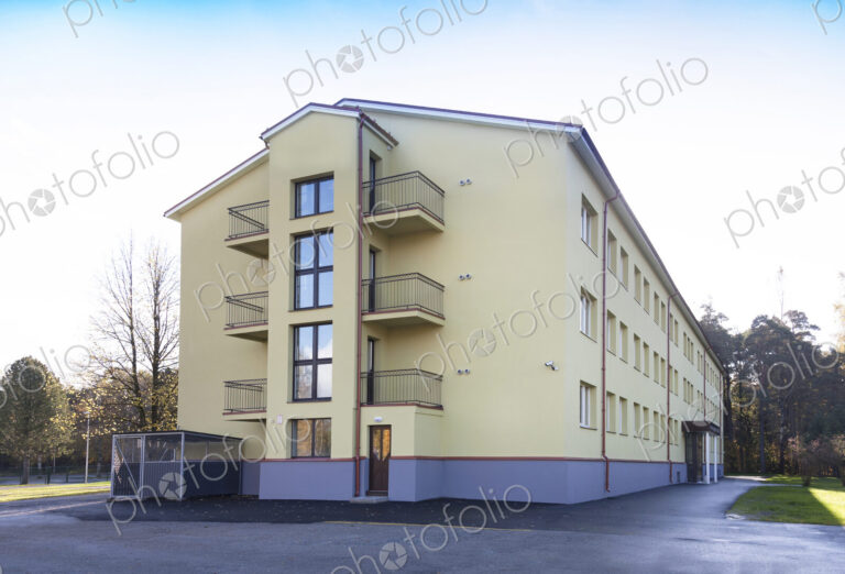 Modern youth hostel building, accommodation for students and young people, building…