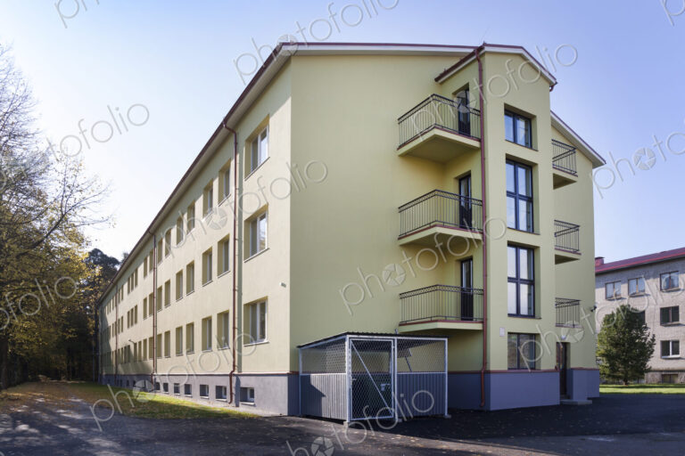 Modern youth hostel building, accommodation for students and young people, building…