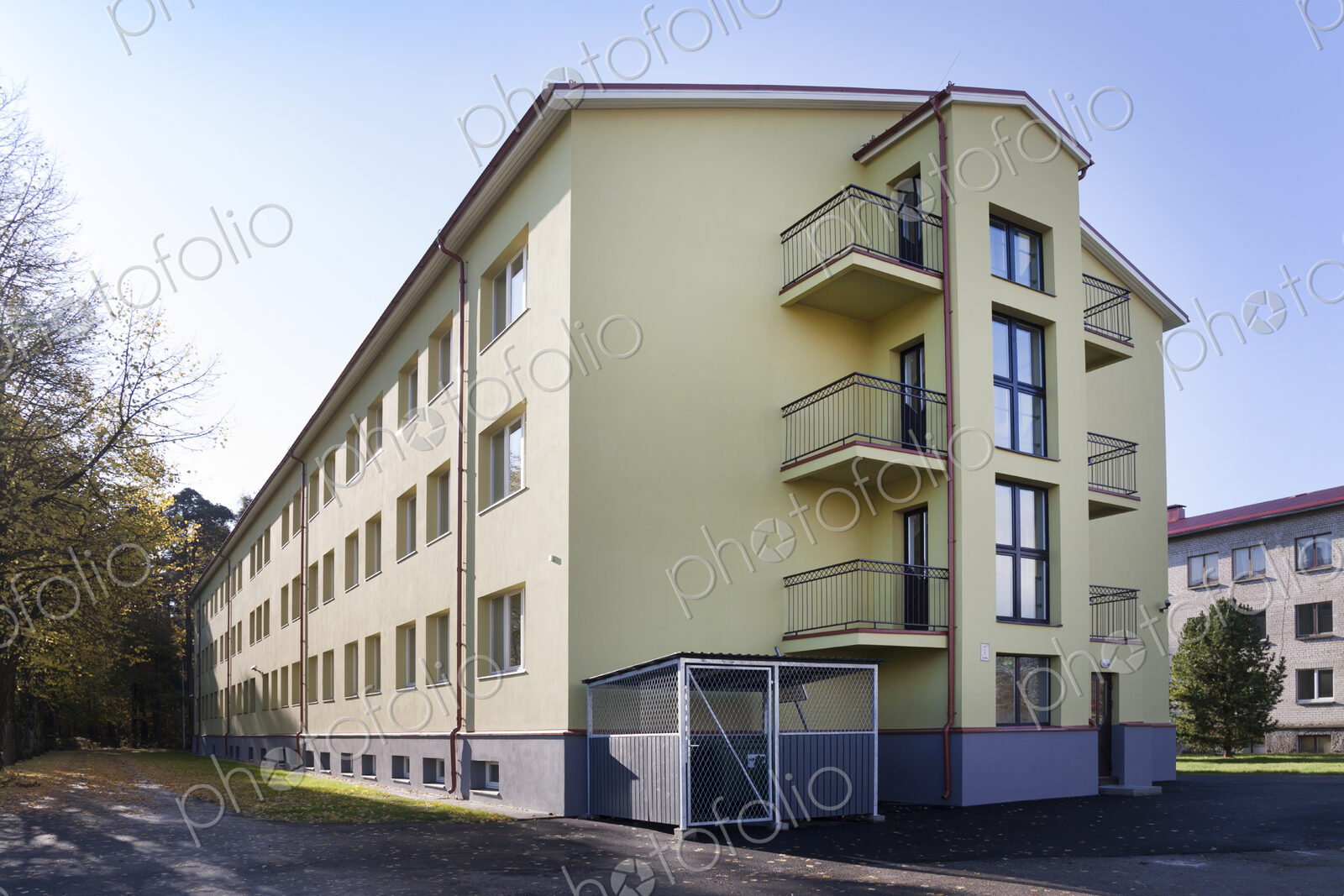 Modern youth hostel building, accommodation for students and young people, building…