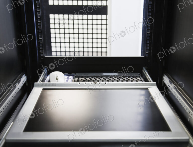 Monitor in the interior of a rack in a computer server farm.