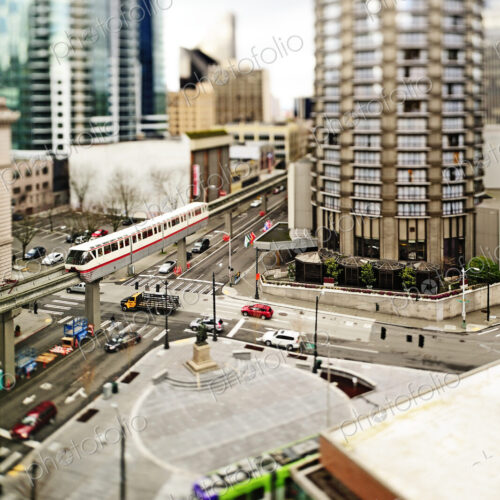 Monorail in Seattle cityscape, Washington, United States Monorail in Seattle cityscape, Washington, United States