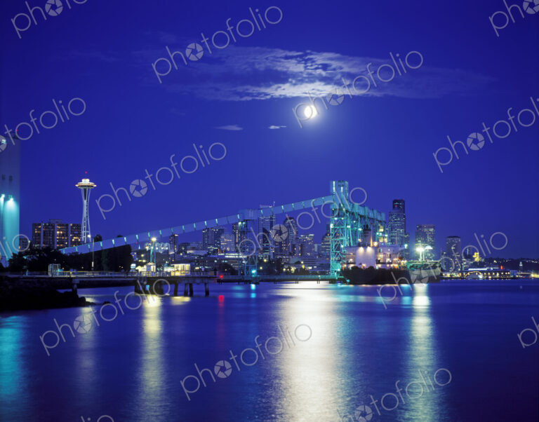 Moon over illuminated Seattle city skyline at night, Washington, United States