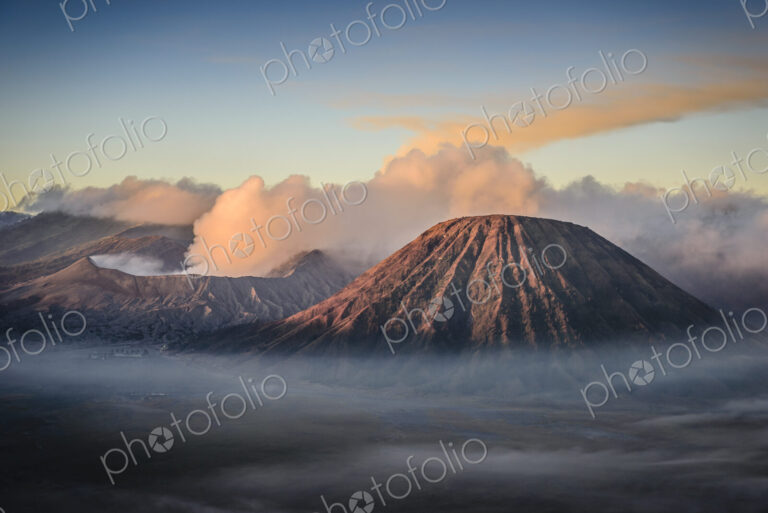 Mount Bromo volcano, a somma volcano and part of the Tengger mountains range, the cone…