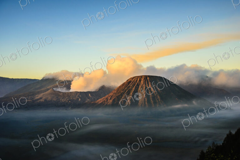 Mount Bromo volcano, a somma volcano and part of the Tengger mountains range, the cone…