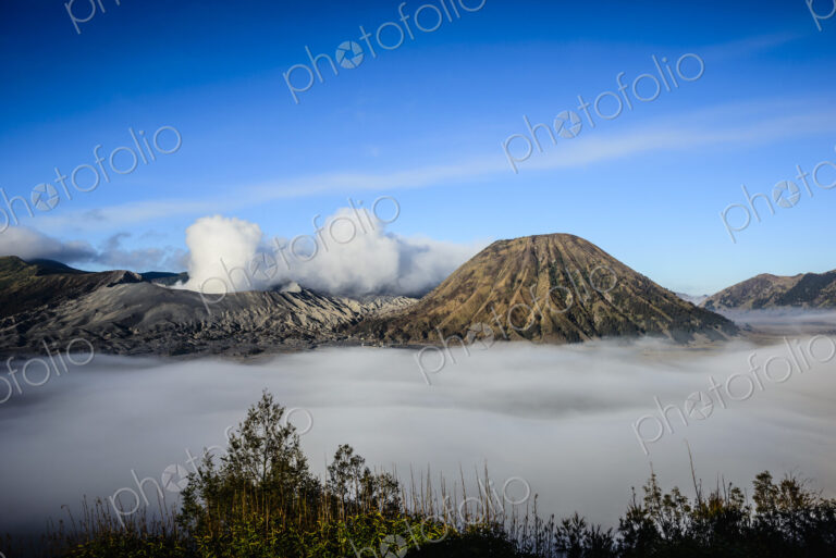 Mount Bromo volcano, a somma volcano and part of the Tengger mountains range, the cone…