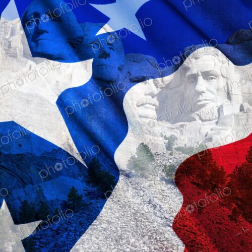 Mount Rushmore presidential carvings merge with the red white and blue of the American… Mount Rushmore presidential carvings merge with the red white and blue of the American…