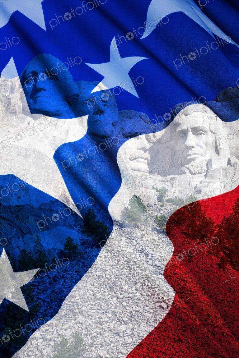 Mount Rushmore presidential carvings merge with the red white and blue of the American…