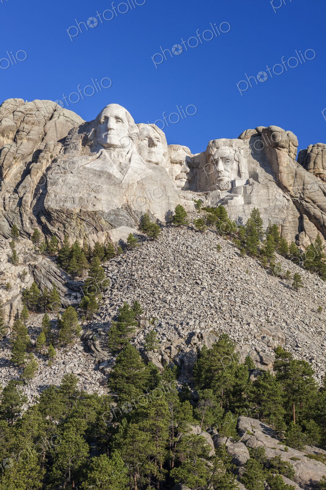 Mount Rushmore with four presidential sculptures carved in granite above pine forest…