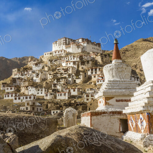 Mountain landscape with Buddhist monastery and stupa of a temple.