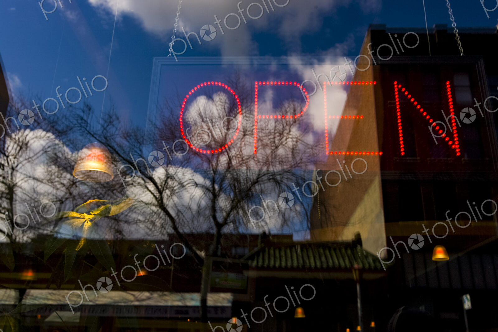 Neon open sign in window of business, Seattle, WA USA
