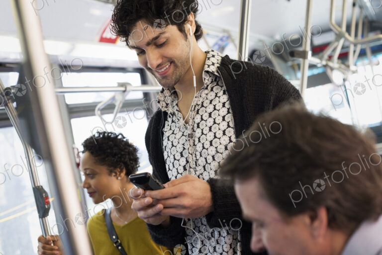 New York City park. People, men and women on a city bus. Public transport. Keeping in…