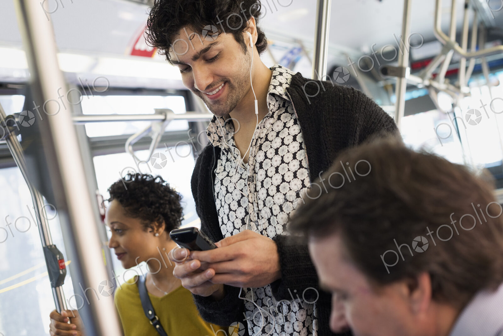 New York City park. People, men and women on a city bus. Public transport. Keeping in…