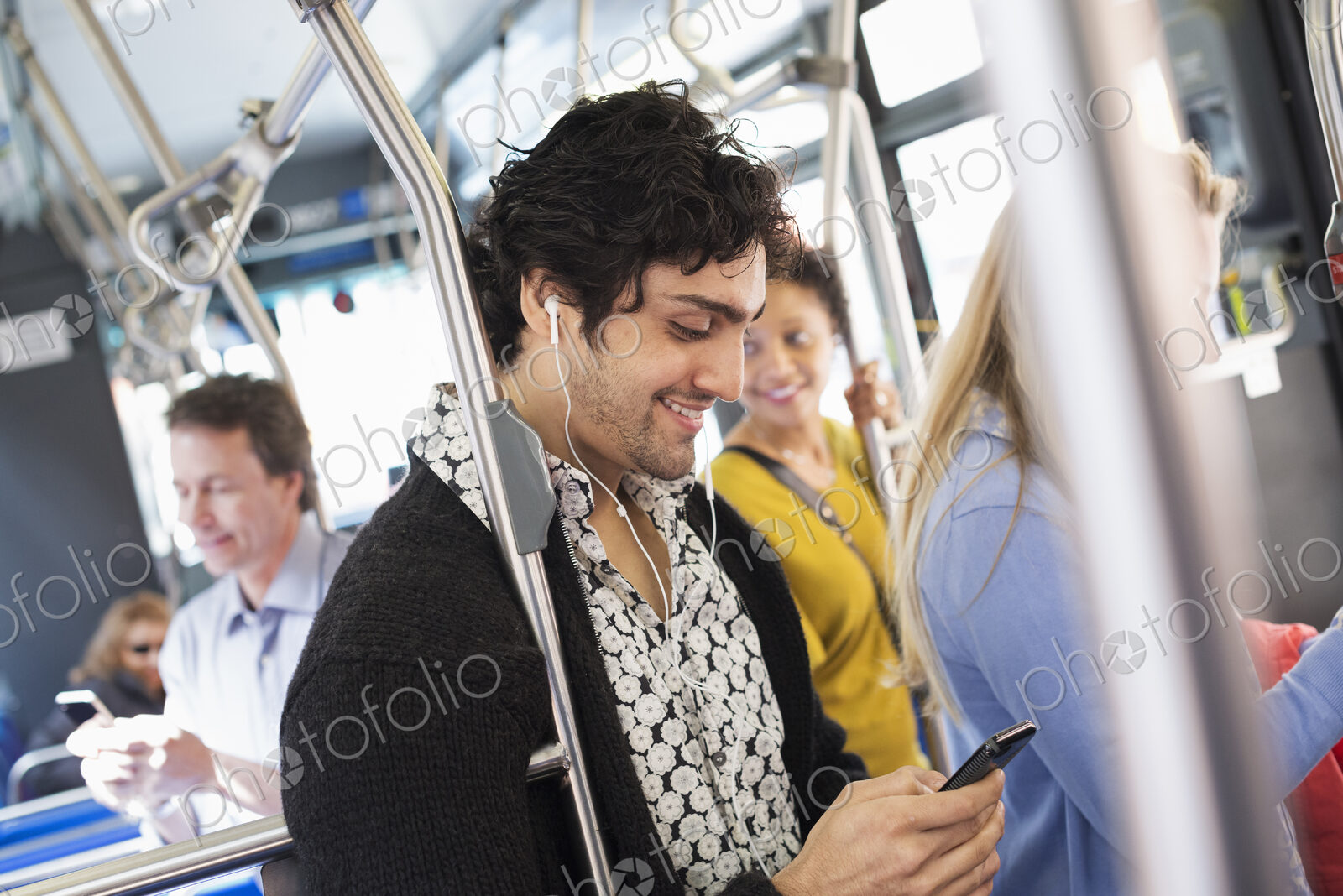 New York City park. People, men and women on a city bus. Public transport. Keeping in…
