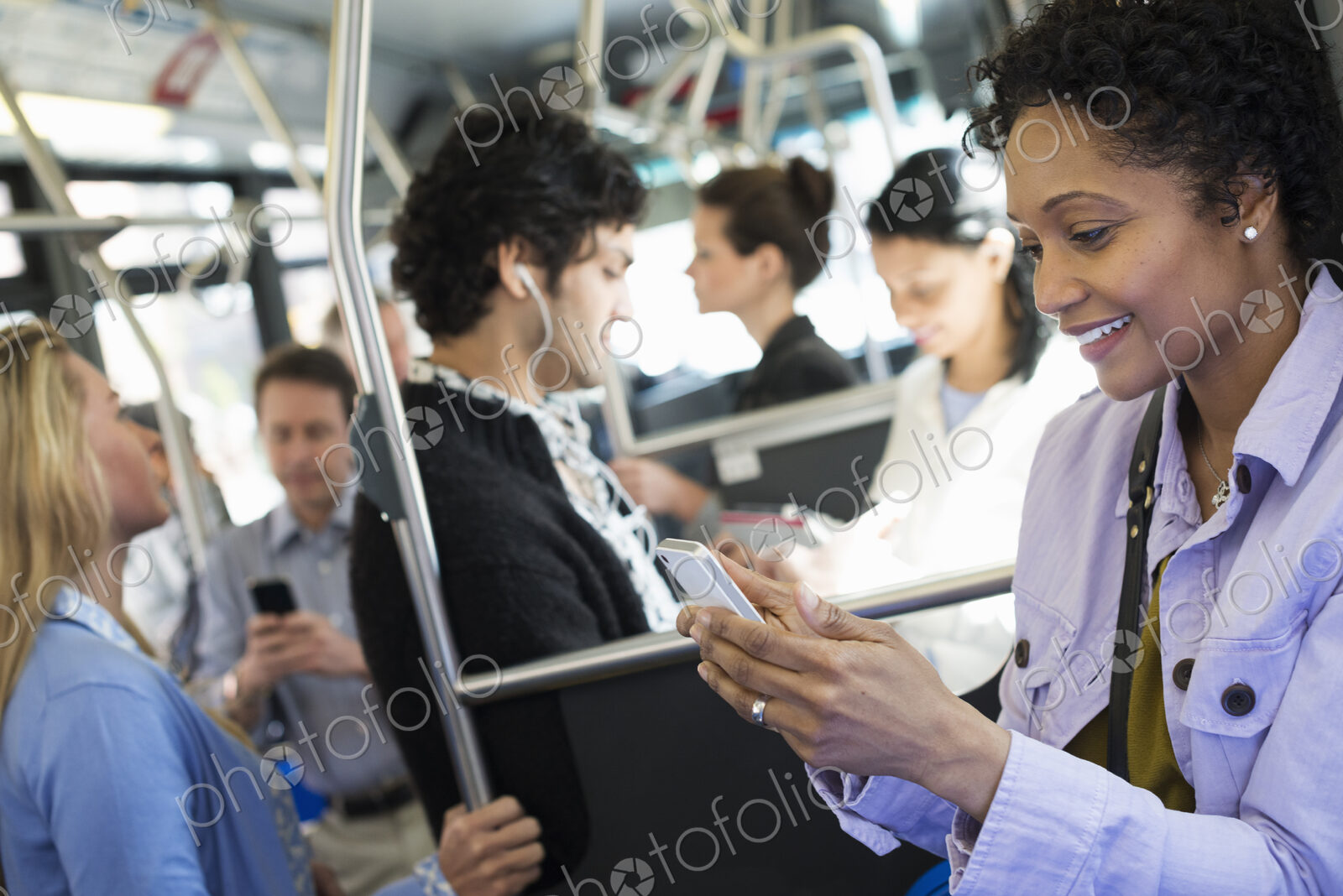 New York City park. People, men and women on a city bus. Public transport. Keeping in…
