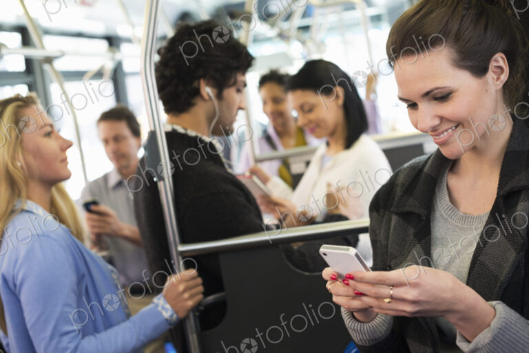 New York City park. People, men and women on a city bus. Public transport. Keeping in…