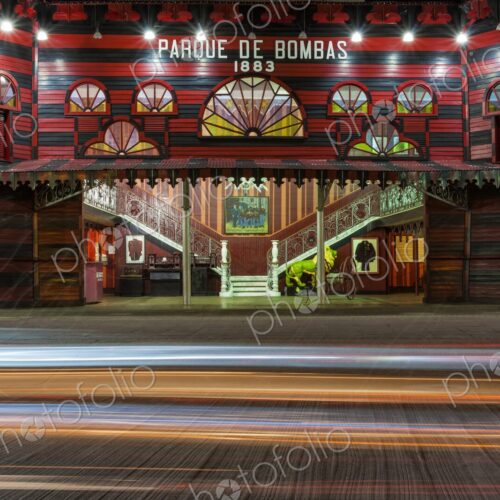 Night view of Parque de Bombas, the historic red and black striped firehouse in Ponce,… Night view of Parque de Bombas, the historic red and black striped firehouse in Ponce,…