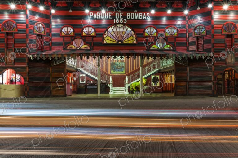 Night view of Parque de Bombas, the historic red and black striped firehouse in Ponce,…