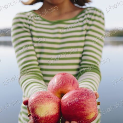 Nine year old girl holding handful of organic apples Nine year old girl holding handful of organic apples