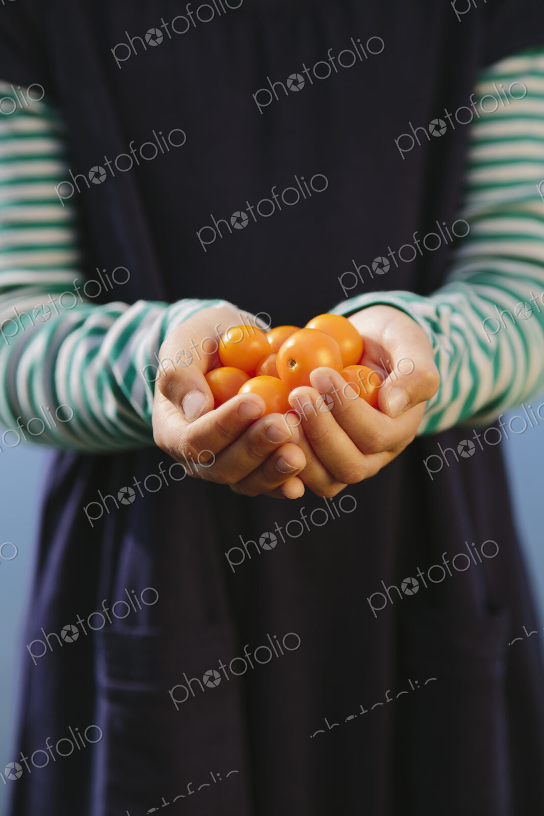 Nine year old girl holding handful of organic yellow cherry tomatoes