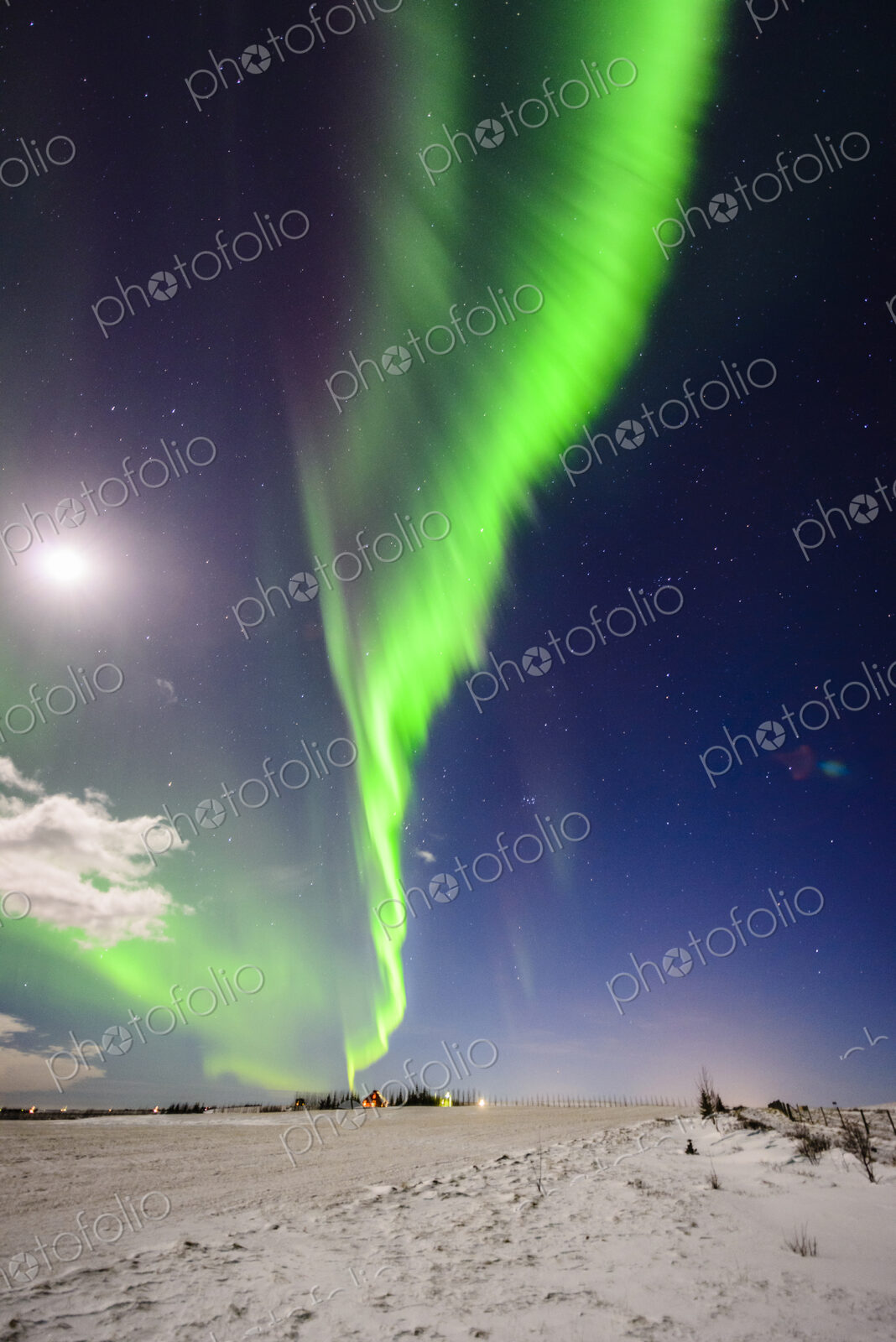 Northern lights in sky over snowy landscape