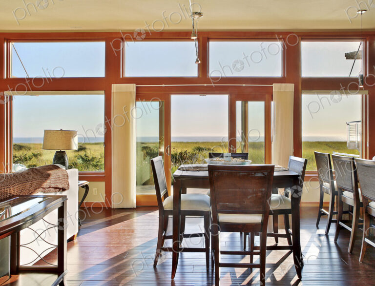 Ocean view through window in dining room