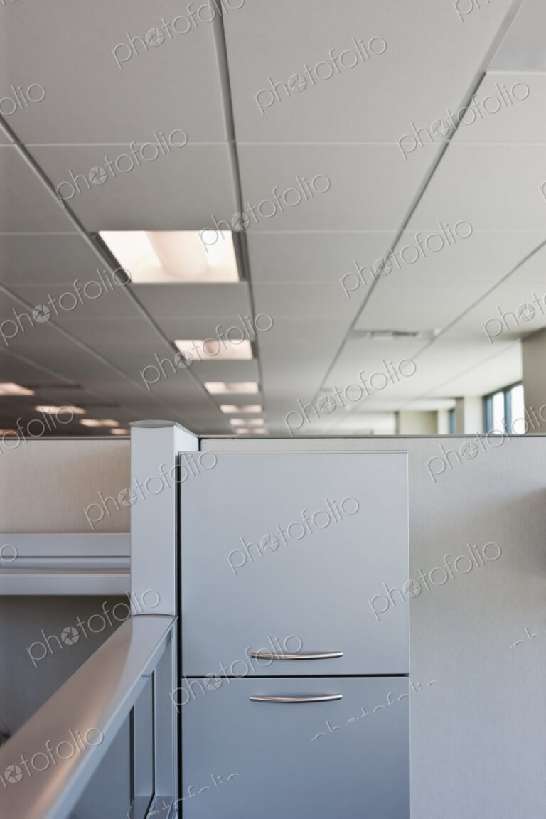 Office cubicle with filing cabinet.