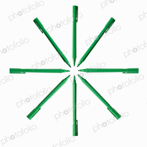 Office supplies. Green coloured pens, felt nibs and pen top cases, arranged in a star… Office supplies. Green coloured pens, felt nibs and pen top cases, arranged in a star…