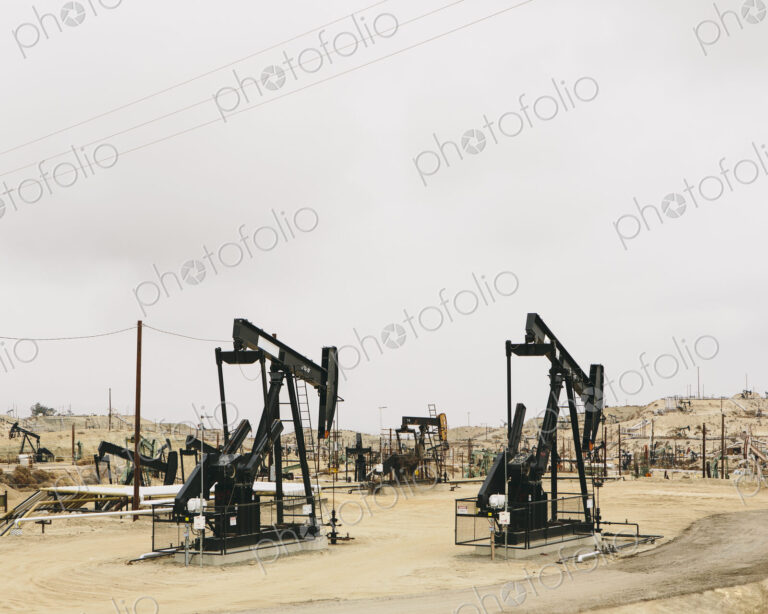 Oil rigs and wells in the Midway-Sunset shale oil fields, the largest in California