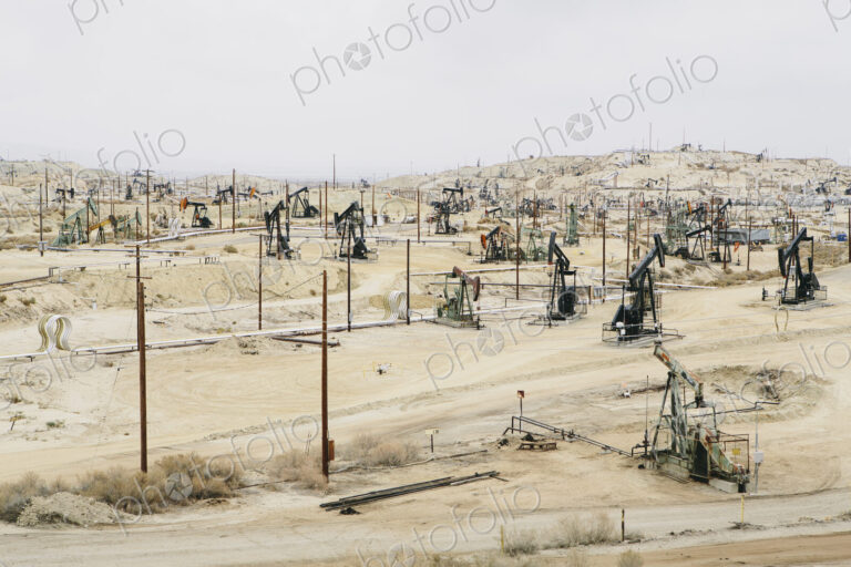 Oil rigs and wells in the Midway-Sunset shale oil fields, the largest in California