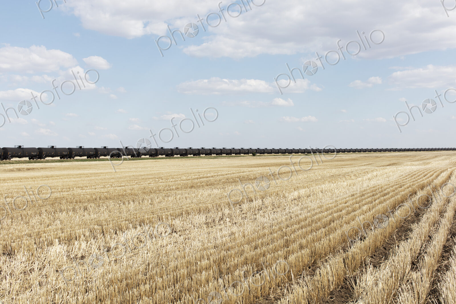 Oil train cars and fallow farmland, near Swift Current, Saskatchewan, Canada.