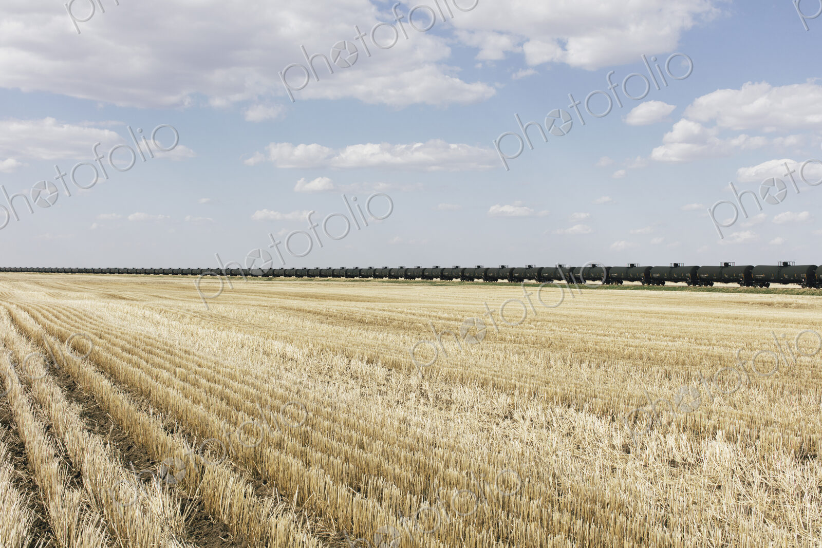 Oil train cars and fallow farmland, near Swift Current, Saskatchewan, Canada.