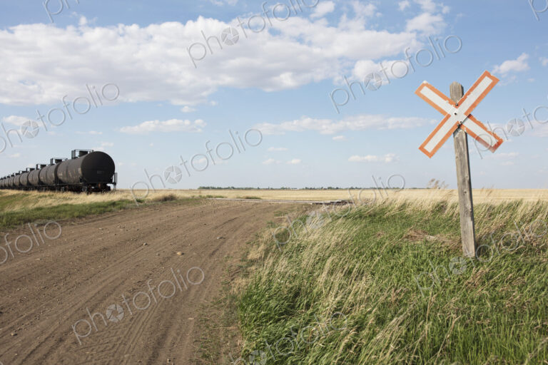 Oil train cars and road crossing, near Swift Current, Saskatchewan, Canada.