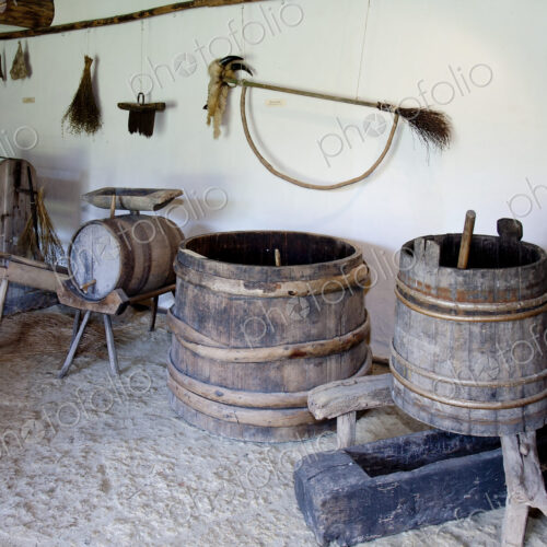 Old Lifestyle Museum Exhibit, barrels and troughs in a farm dairy