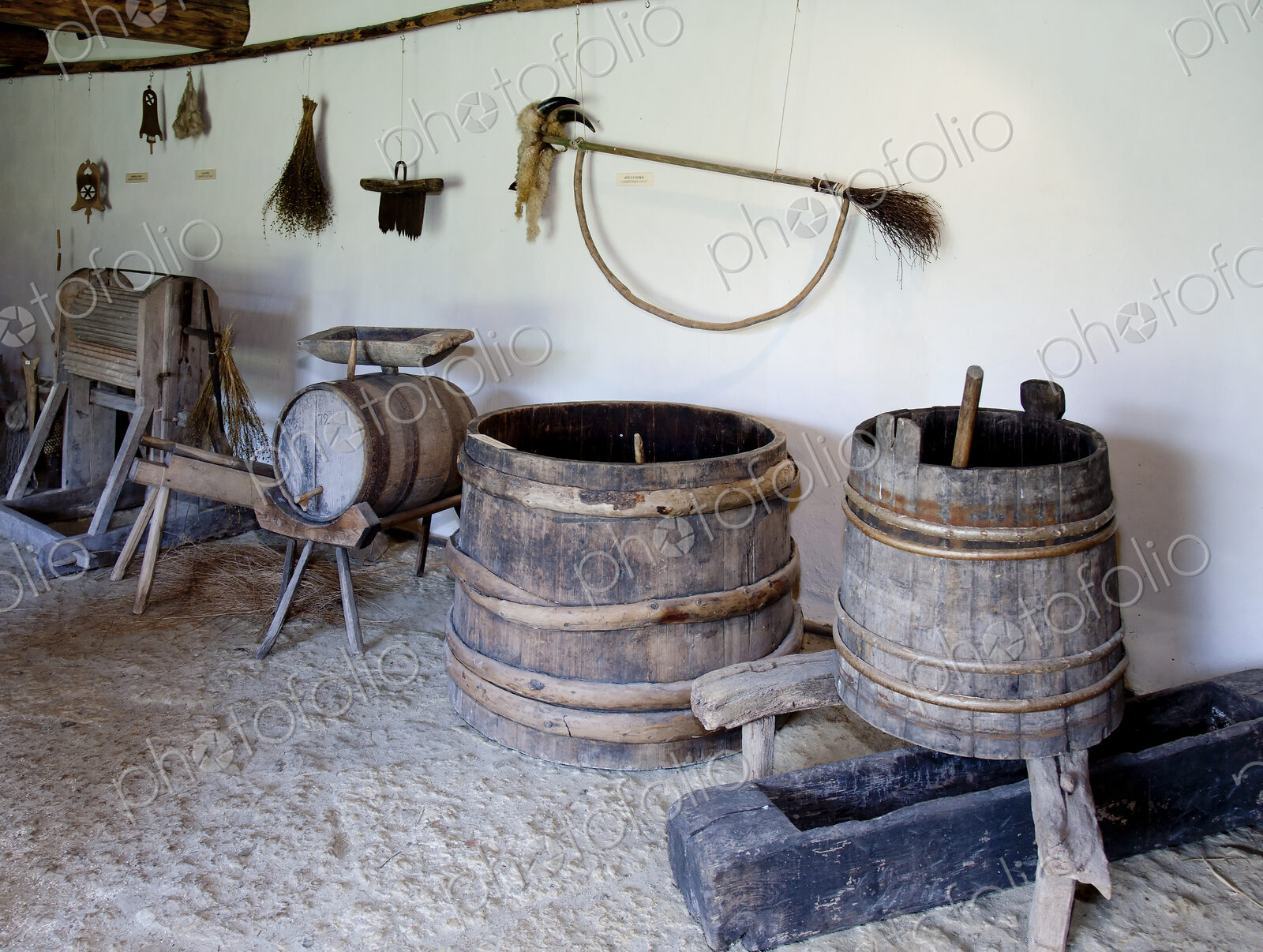 Old Lifestyle Museum Exhibit, barrels and troughs in a farm dairy