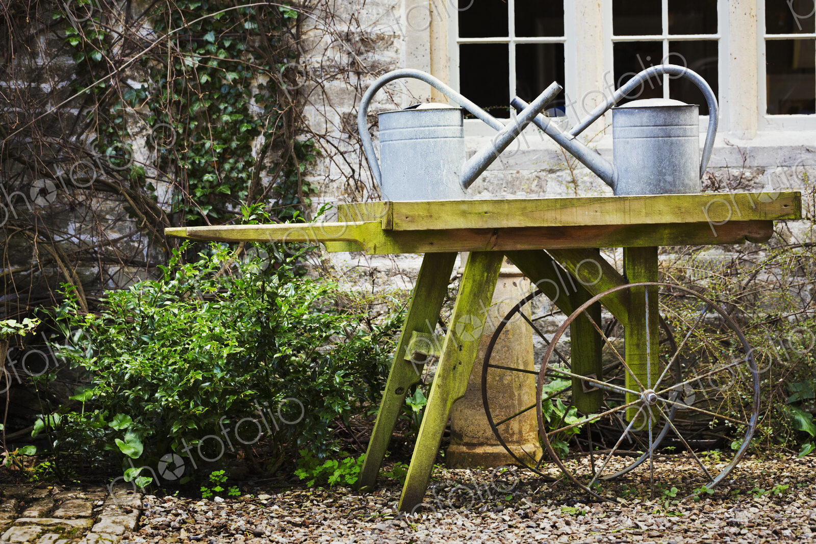 Old fashioned wooden wheel barrow and tin watering cans in the garden of an old house.